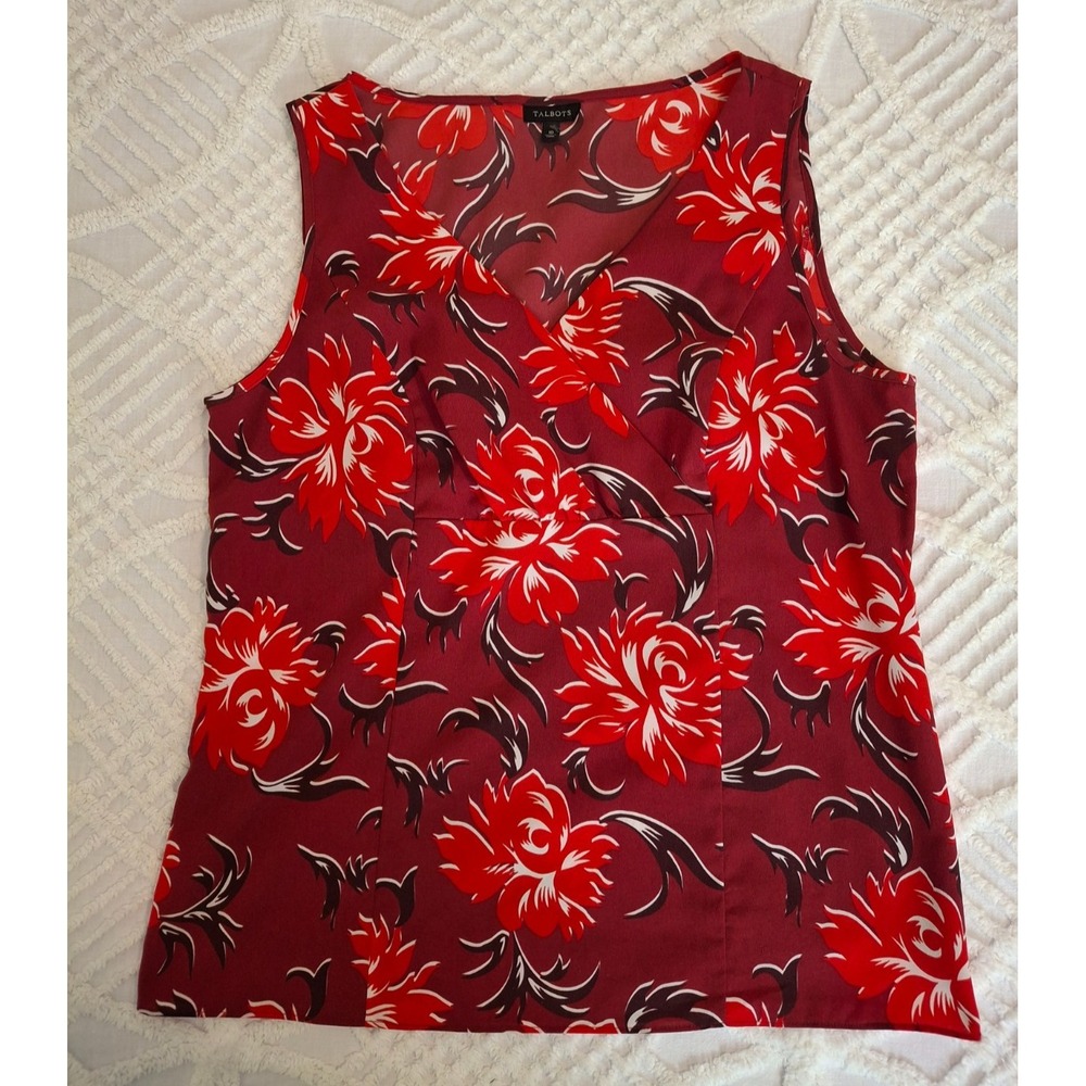 Talbots Womens 10 Sleeveless Shell Blouse Burgundy Red‎ Floral Faux Wrap V-Neck